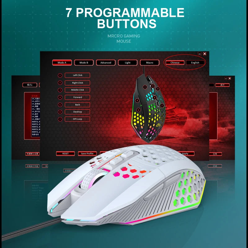 X801 Wired Gaming Mouse Design 7 Programmable Buttons Honeycomb Gaming Mouse RGB Backlit One-Click Desktop Gamer Mouse