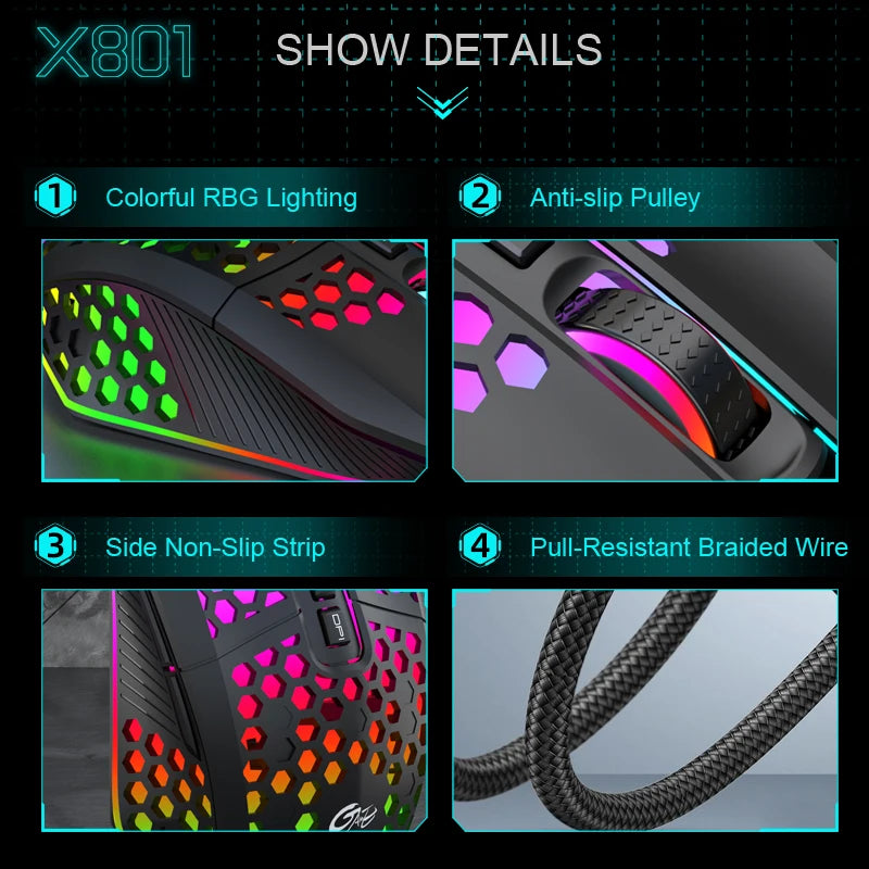X801 Wired Gaming Mouse Design 7 Programmable Buttons Honeycomb Gaming Mouse RGB Backlit One-Click Desktop Gamer Mouse