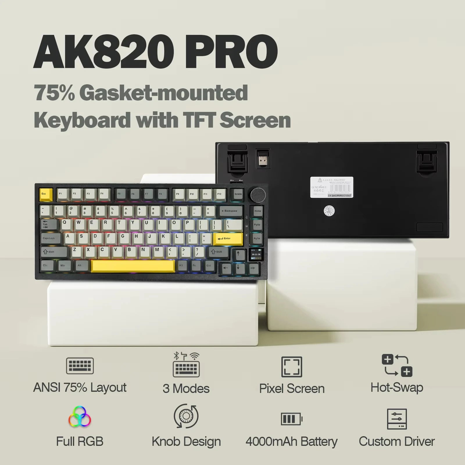 Ajazz AK820 Pro 75% Gasket-mounted Wired/Bluetooth 5.1/2.4G Wireless Mechanical Keyboard with TFT Screen for Win/Mac