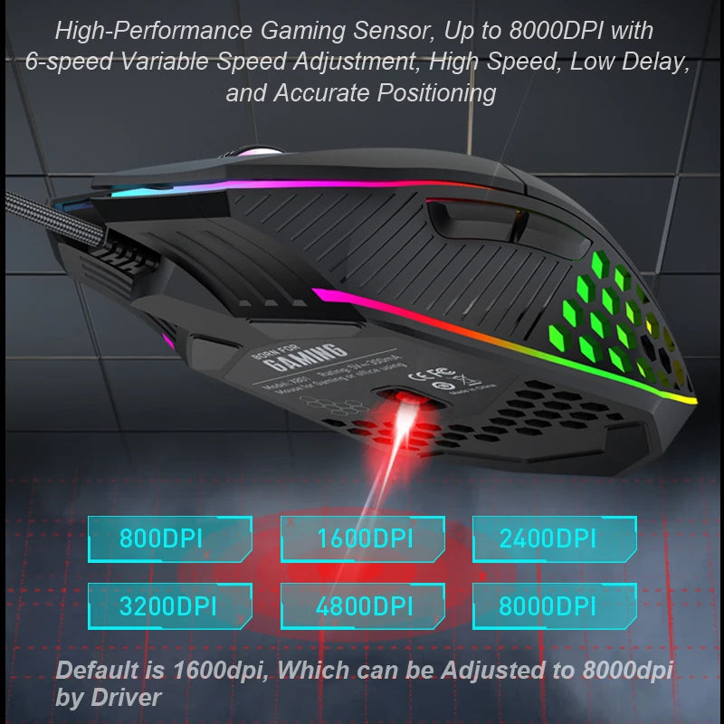 X801 Wired Gaming Mouse Design 7 Programmable Buttons Honeycomb Gaming Mouse RGB Backlit One-Click Desktop Gamer Mouse
