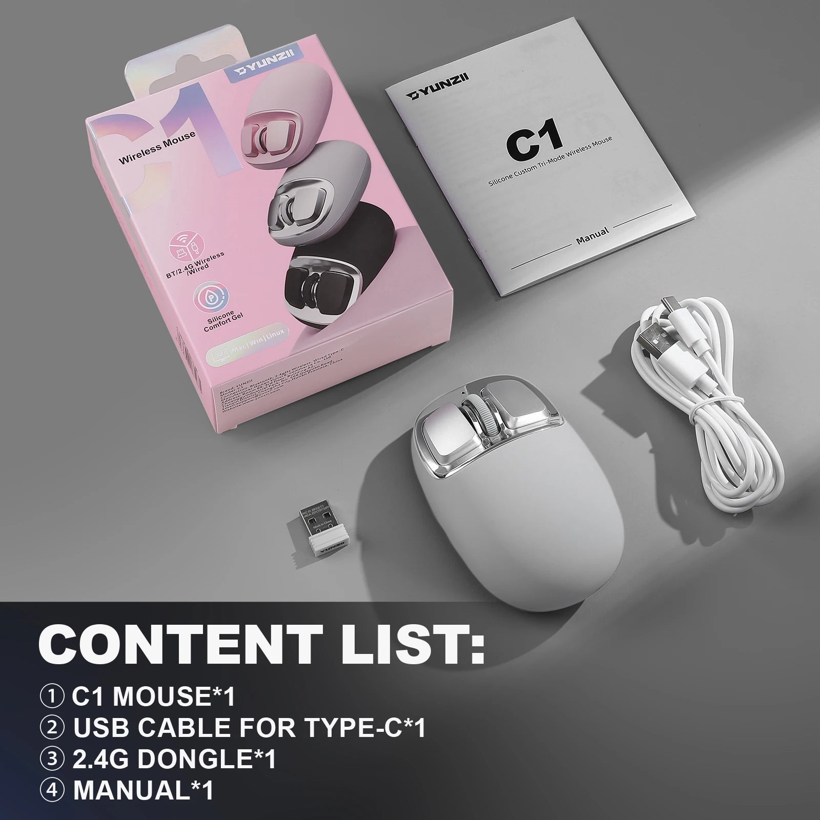 YUNZII C1 Wireless Mouse, 6 Levels DPI Optical Tracking, Silicone Customize Tri-Mode 2.4G/USB-C/ Bluetooth Gaming Mice for Work